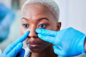 Medical professional wearing blue gloves examining a patient’s nose during a rhinoplasty consultation.